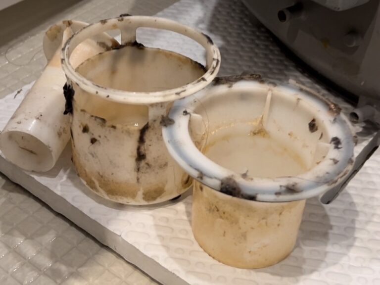 取り外した排水トラップの部品に付着したヘドロと黒カビ